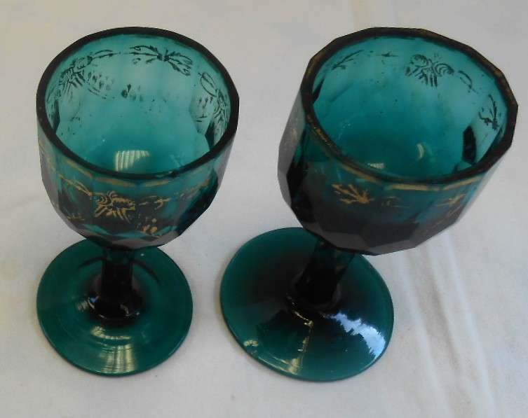 Vintage Edwardian Jade Green Port Glasses with gilt-see condition