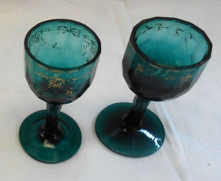 Vintage Edwardian Jade Green Port Glasses with gilt-see condition