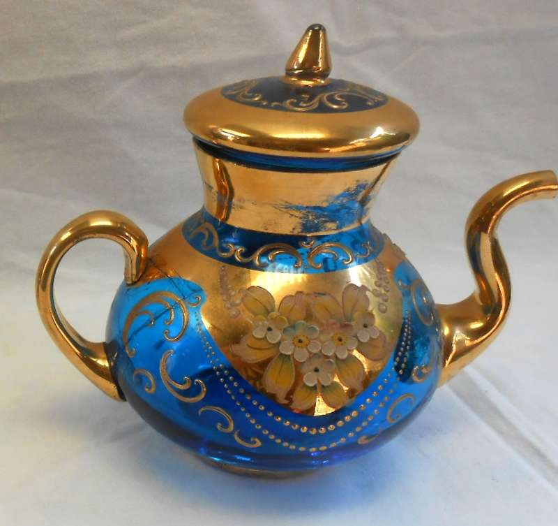 Beautiful Italy Blue Glass Tea Set with Venetian Floral Enamel Flowers with heavy Gold Trim-see desc