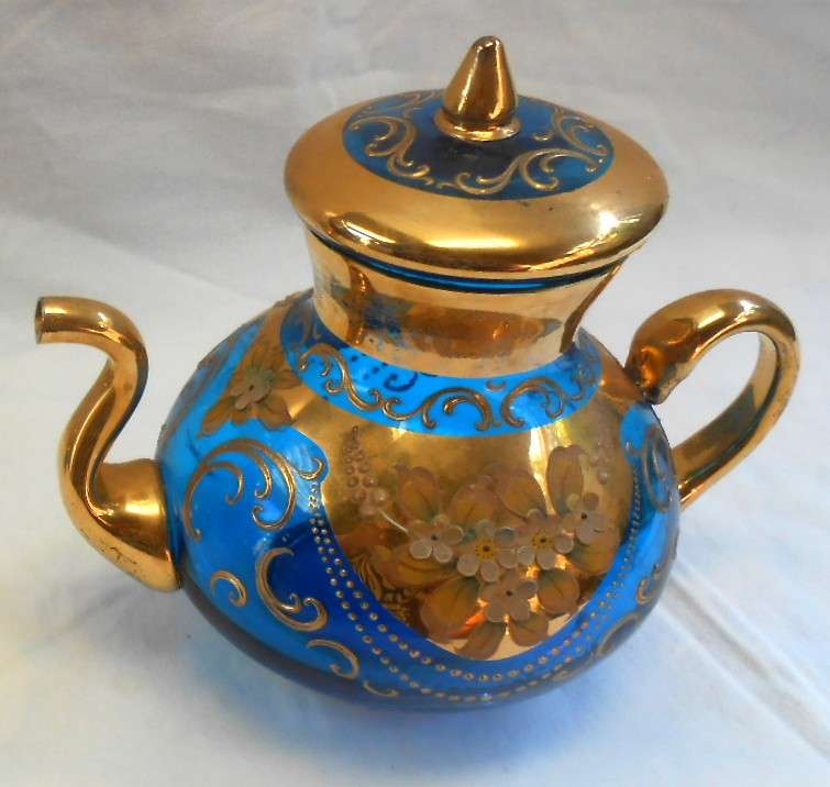 Beautiful Italy Blue Glass Tea Set with Venetian Floral Enamel Flowers with heavy Gold Trim-see desc