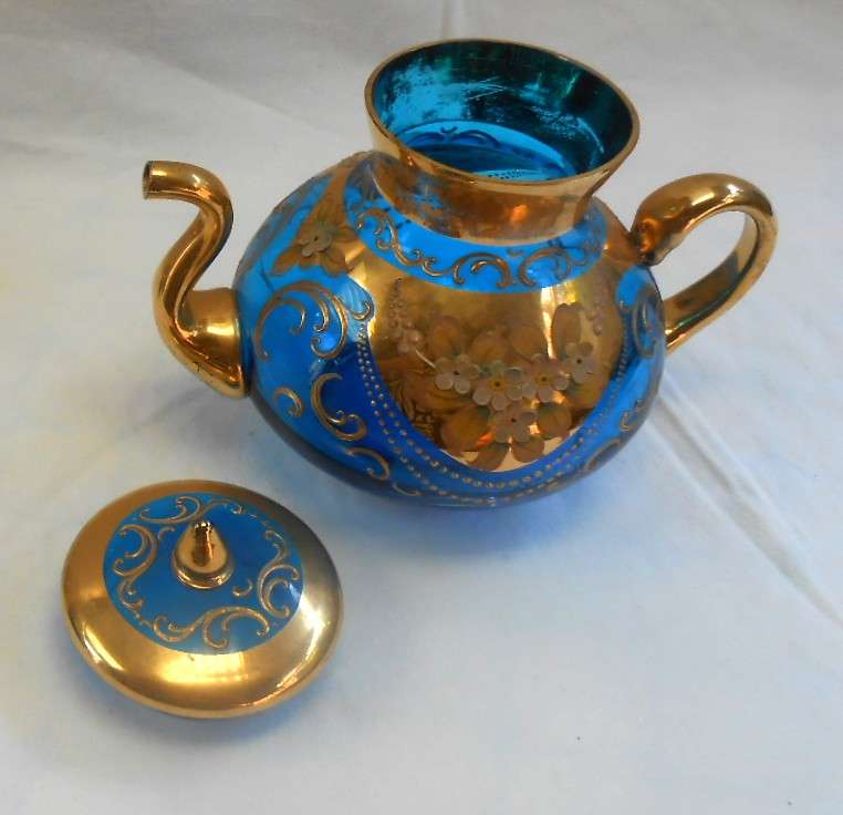 Beautiful Italy Blue Glass Tea Set with Venetian Floral Enamel Flowers with heavy Gold Trim-see desc