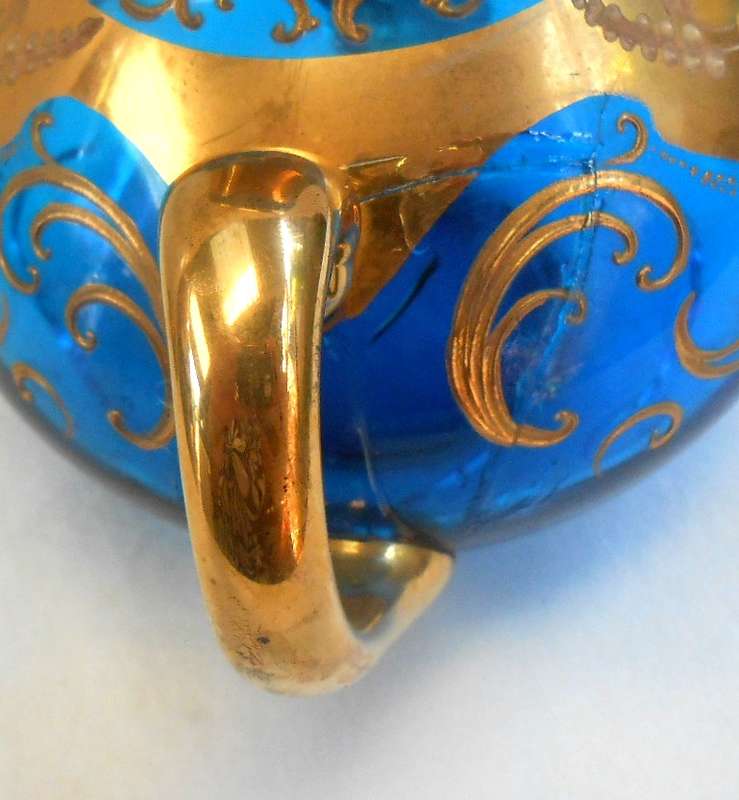 Beautiful Italy Blue Glass Tea Set with Venetian Floral Enamel Flowers with heavy Gold Trim-see desc