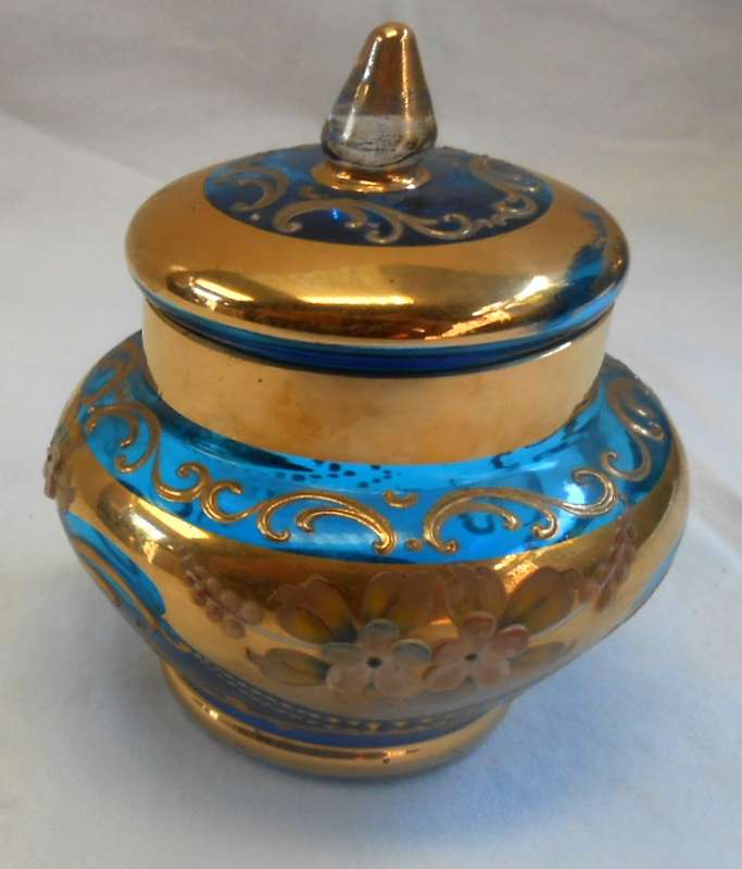 Beautiful Italy Blue Glass Tea Set with Venetian Floral Enamel Flowers with heavy Gold Trim-see desc
