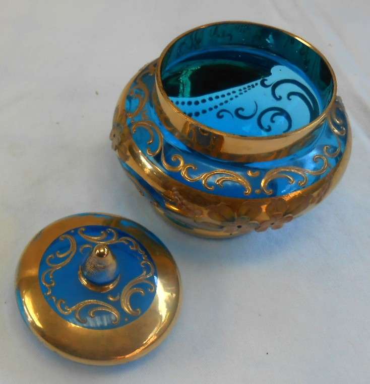 Beautiful Italy Blue Glass Tea Set with Venetian Floral Enamel Flowers with heavy Gold Trim-see desc