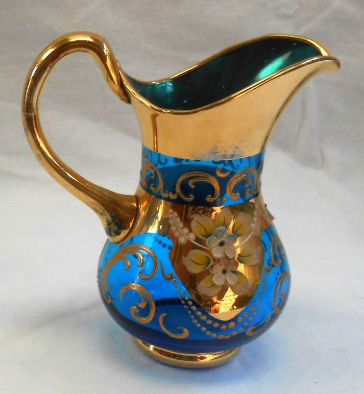 Beautiful Italy Blue Glass Tea Set with Venetian Floral Enamel Flowers with heavy Gold Trim-see desc