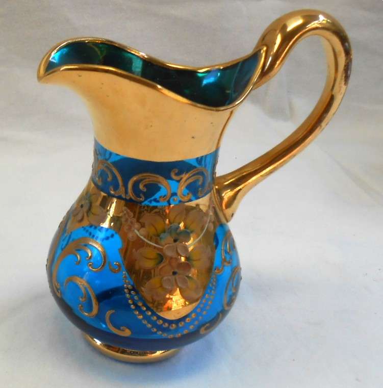 Beautiful Italy Blue Glass Tea Set with Venetian Floral Enamel Flowers with heavy Gold Trim-see desc
