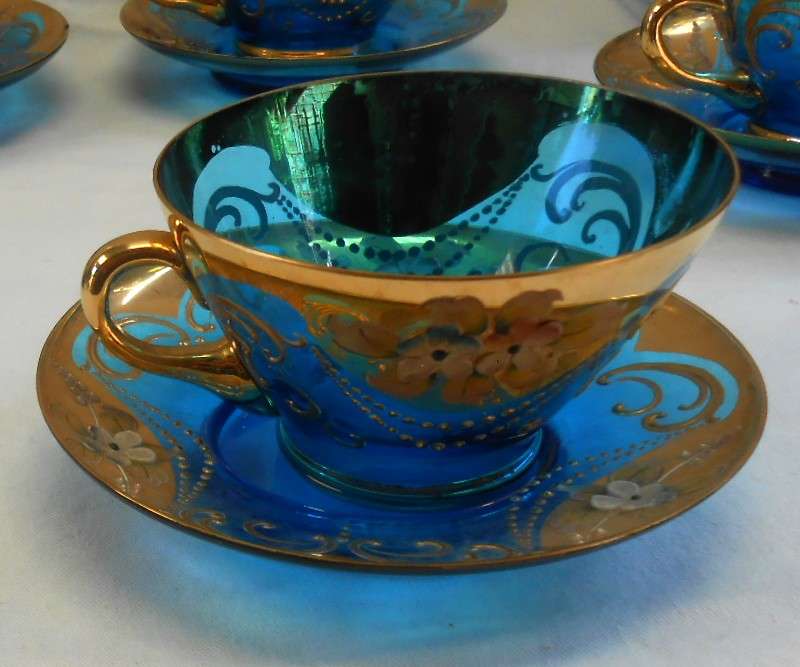 Beautiful Italy Blue Glass Tea Set with Venetian Floral Enamel Flowers with heavy Gold Trim-see desc