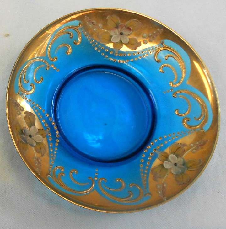 Beautiful Italy Blue Glass Tea Set with Venetian Floral Enamel Flowers with heavy Gold Trim-see desc