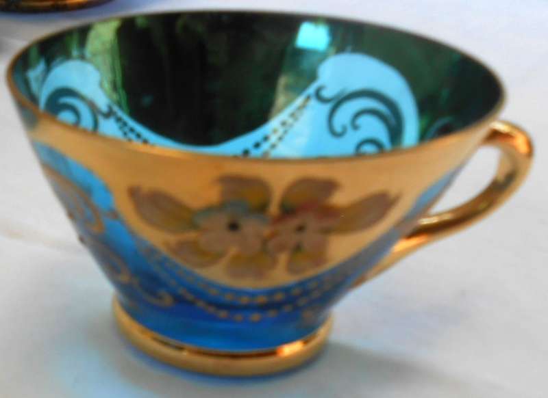 Beautiful Italy Blue Glass Tea Set with Venetian Floral Enamel Flowers with heavy Gold Trim-see desc