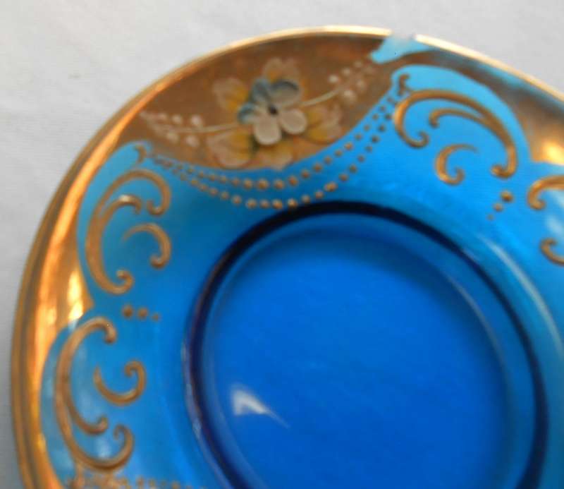 Beautiful Italy Blue Glass Tea Set with Venetian Floral Enamel Flowers with heavy Gold Trim-see desc