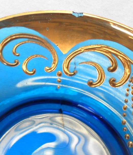 Beautiful Italy Blue Glass Tea Set with Venetian Floral Enamel Flowers with heavy Gold Trim-see desc
