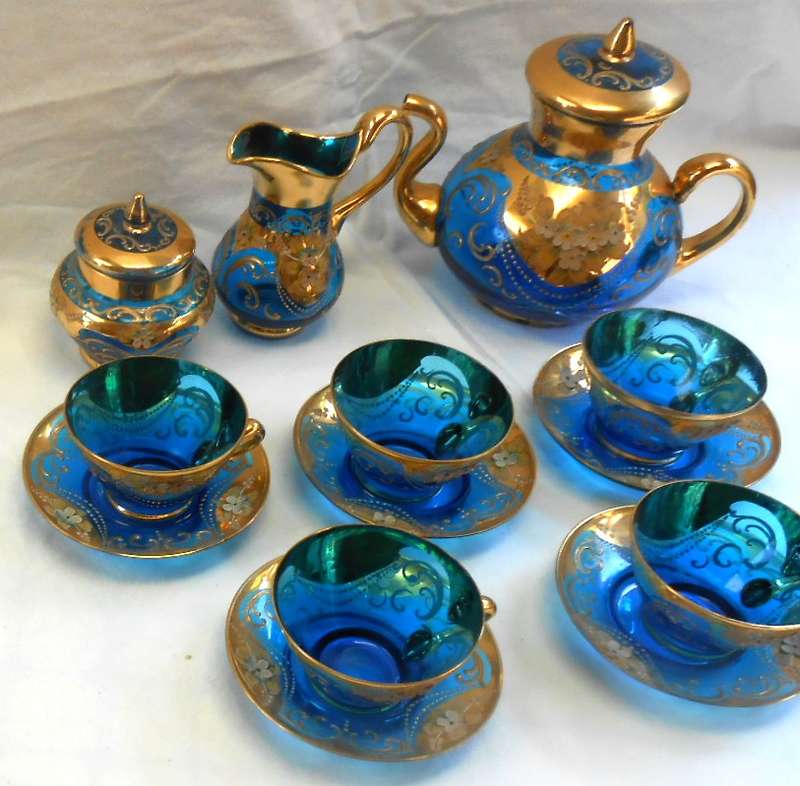 Beautiful Italy Blue Glass Tea Set with Venetian Floral Enamel Flowers with heavy Gold Trim-see desc