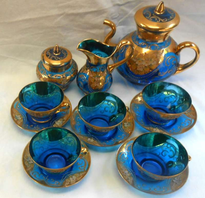 Beautiful Italy Blue Glass Tea Set with Venetian Floral Enamel Flowers with heavy Gold Trim-see desc