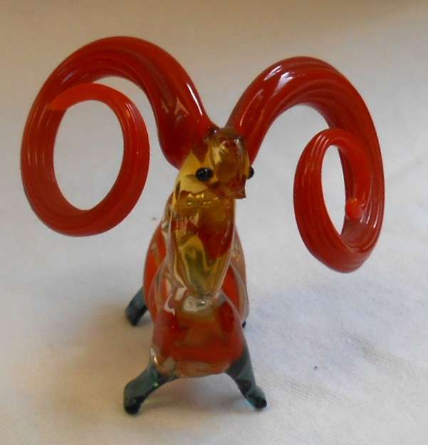 Amazing hand-blown Murano Ram with Red-Orange curved horns