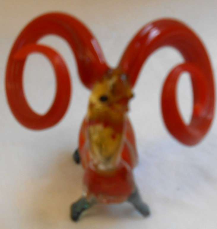 Amazing hand-blown Murano Ram with Red-Orange curved horns