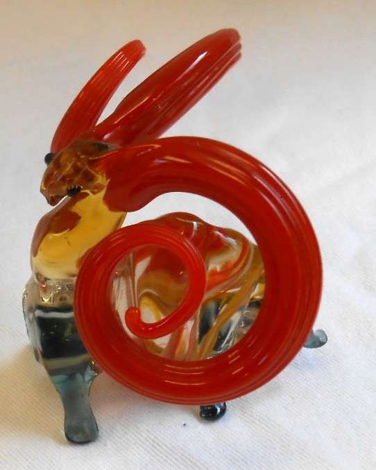 Amazing hand-blown Murano Ram with Red-Orange curved horns