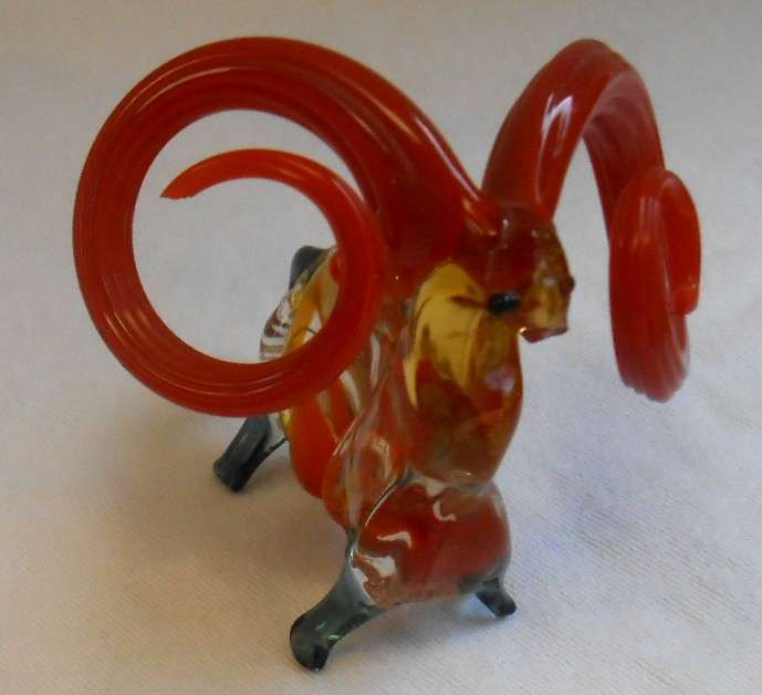 Amazing hand-blown Murano Ram with Red-Orange curved horns
