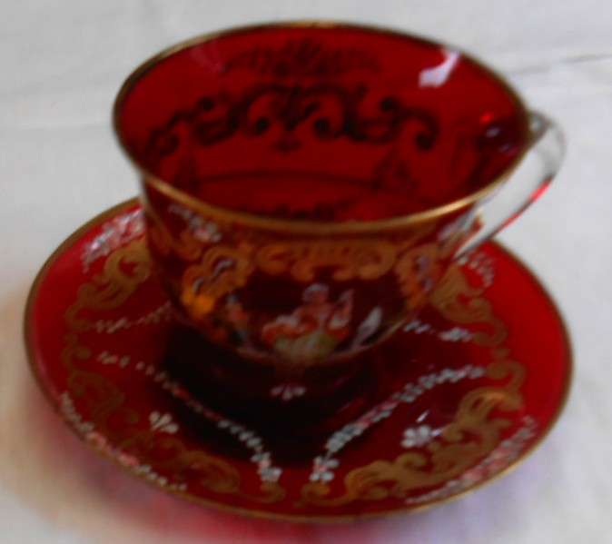 Ruby Red Salviati & Moser Venetian Glass Duo cup & Saucer (with small lip chip)