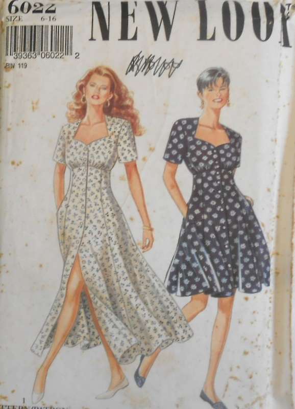 NEW LOOK PATTERNS 6022 FRONT BUTTON DRESS+SWEETHEART NECK SIZE 6-16-CUT TO 12- NO TIE SUPPLIED