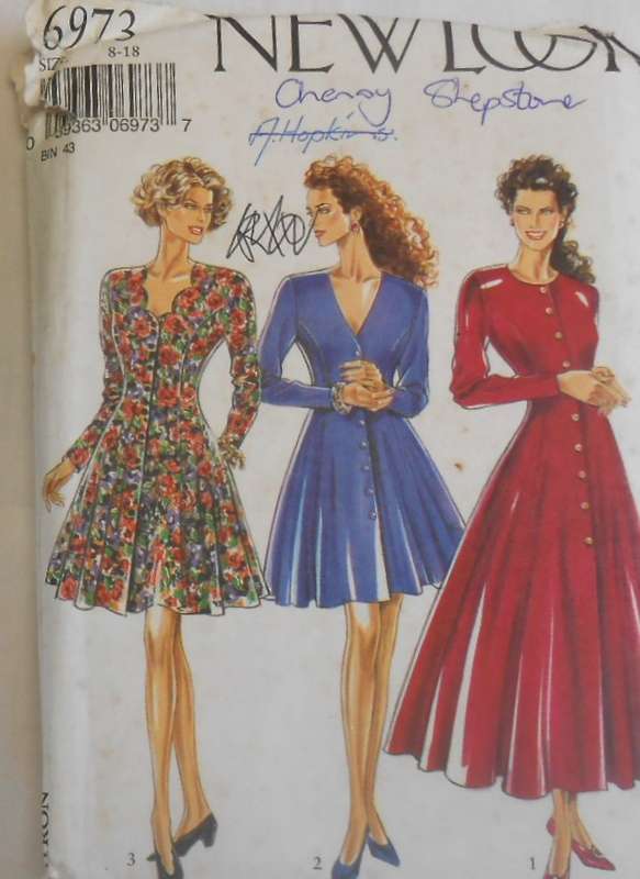 NEW LOOK PATTERNS 6973 FRONT BUTTON DRESS WITH VARIOUS NECKLINES SIZE 8-18-COMPLETE-UNCUT-F/FOLDED