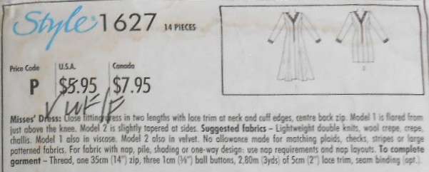 STYLE 1627 V NECK CLOSE FITTING DRESS WITH LACE TRIM SIZE 16-22-COMPLETE-UNCUT-F/FOLDED