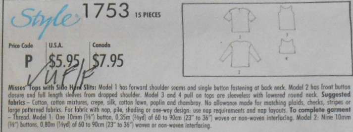 STYLE 1753 TOPS WITH SIDE SLITS SIZE 8-18-COMPLETE-UNCUT-F/FOLDED