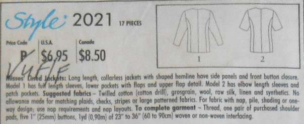 STYLE 2021 LINED JACKETS SIZE 8-18-COMPLETE-UNCUT-F/FOLDED