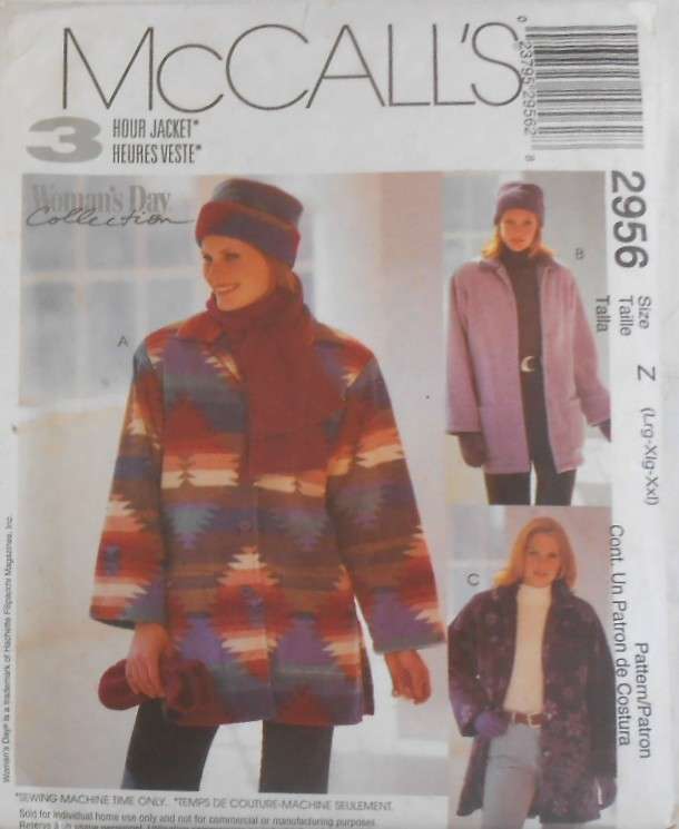 McCALLS 2956 UNLINED JACKET-HAT-SCARF-MITTENS SIZE L-XL-XXL (16-26)-COMPLETE-UNCUT-F/FOLDED