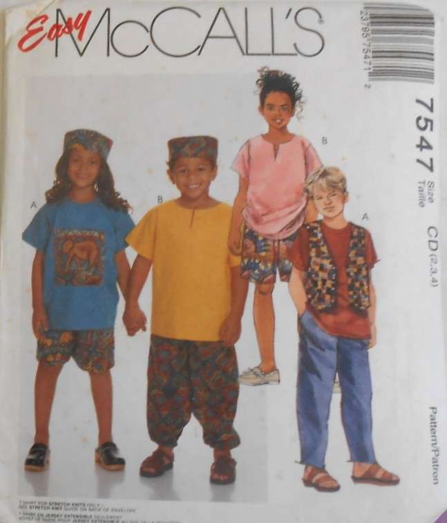 McCALLS 7547 KIDS WAISTCOAT-T SHIRT-TOP-PULL ON PANTS/SHORTS HAT SIZE 2-3-4 YR-COMPLETE-UNCUT-F/F