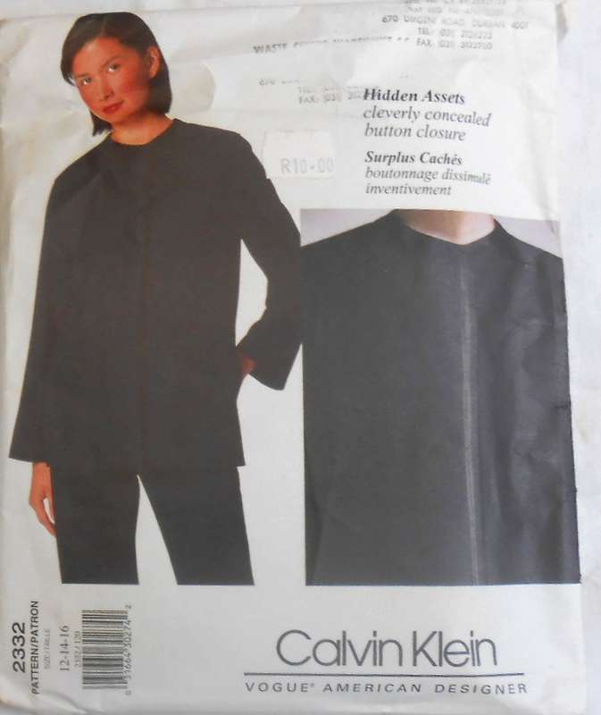 VOGUE 2332 CALVIN KLEIN-JACKET & PANTS SIZE 12-14-16 COMPLETE-CUT TO 16