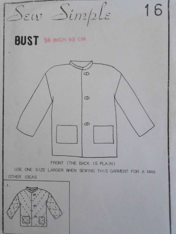 SEW SIMPLE PATTERNS 16  BLANKET JACKET SIZE 36 OR 92 CM   NO POCKET PATTERN SUPPLIED