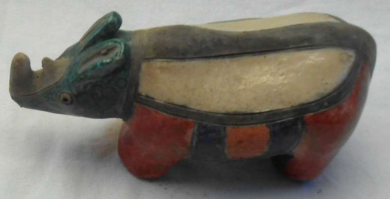 South African Raku Small Rhino figurine with double horn