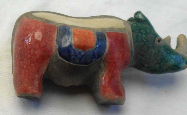 South African Raku Small Rhino figurine with double horn