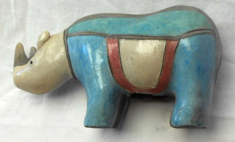 South African Raku Large Rhino figurine with double horn