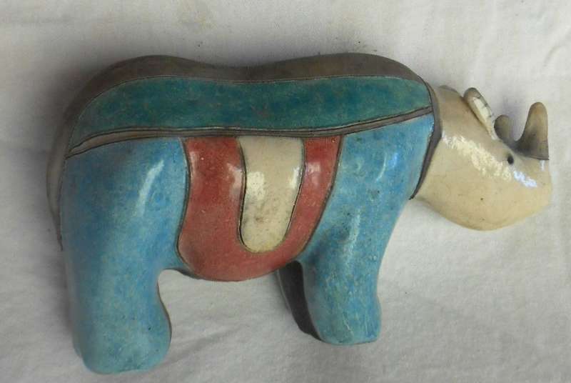 South African Raku Large Rhino figurine with double horn