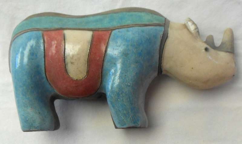 South African Raku Large Rhino figurine with double horn