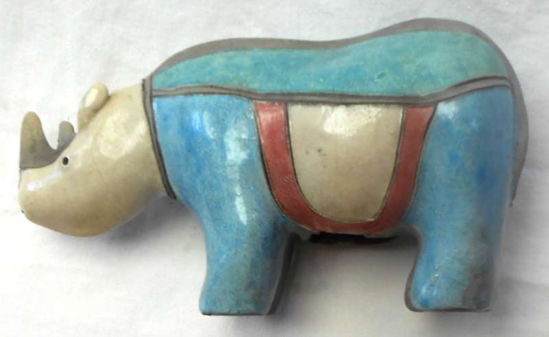 South African Raku Large Rhino figurine with double horn