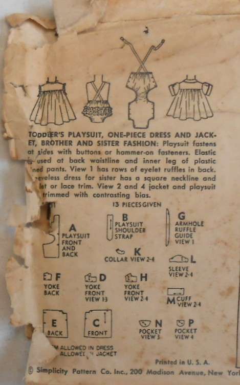 VINTAGE SIMPLICITY 1151 TODDLERS PLAYSUIT- DRESS SIZE 1 YEAR BREAST 21 COMPLETE-COVER WORN ZIPLOC