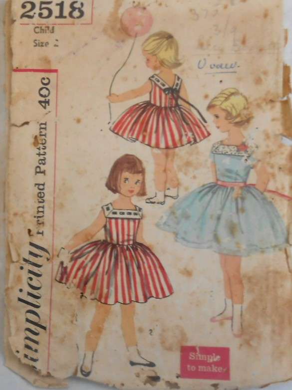 VINTAGE SIMPLICITY 2518 GIRLS ONE PIECE DRESS SIZE 2 YEARS COMPLETE-WORN COVER ZIPLOC