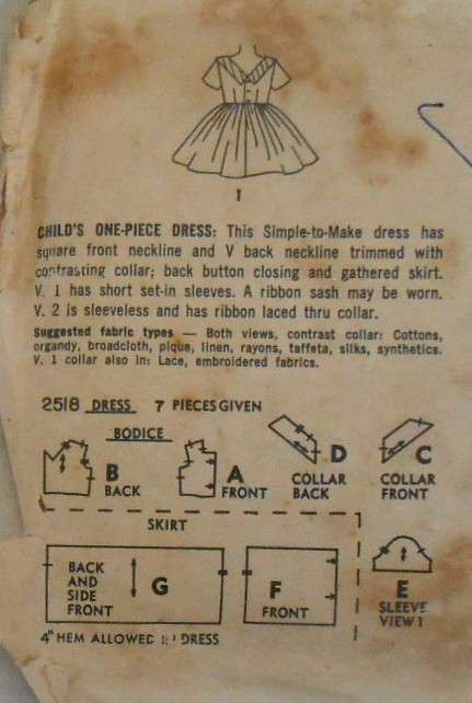 VINTAGE SIMPLICITY 2518 GIRLS ONE PIECE DRESS SIZE 2 YEARS COMPLETE-WORN COVER ZIPLOC
