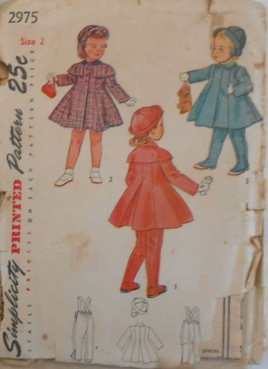VINTAGE SIMPLICITY 2975 GIRLS COAT-LEGGINGS-HAT SIZE 2 YEARS COMPLETE-UNCUT-F/F-WORN COVER ZIPLOC