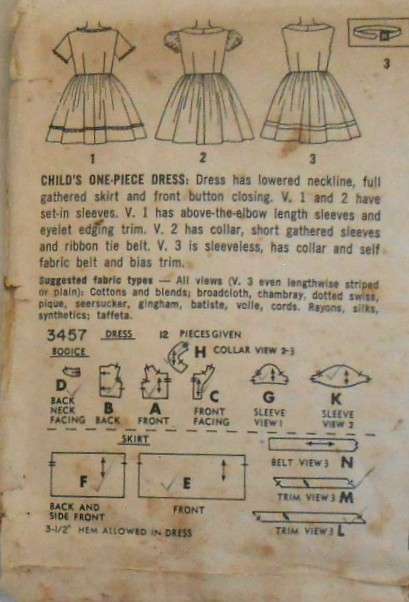 VINTAGE SIMPLICITY 3467 GIRLS ONE PIECE DRESS SIZE 2 YEARS COMPLETE-WORN COVER ZIPLOC