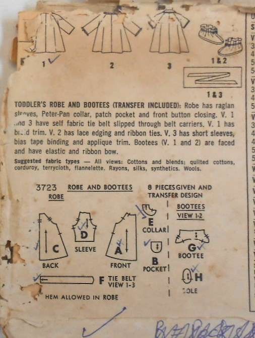 VINTAGE SIMPLICITY 3723 TODDLERS ROBE & BOOTEES SIZE 1 YEAR COMPLETE- NO TRANSFER-WORN COVER ZIPLOC