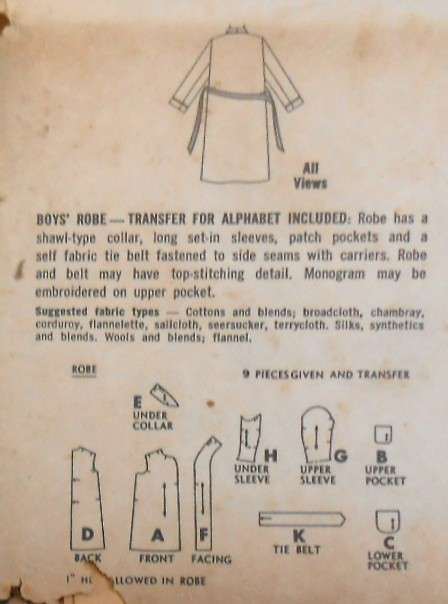 VINTAGE SIMPLICITY 4740 BOYS ROBE WITH TRANFER SIZE 12 YEAR COMPLETE ZIPLOC