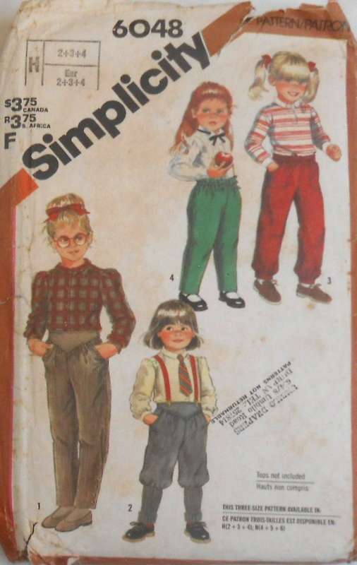 SIMPLICITY 6048 KIDS FASHION PANTS SIZE 2-3-4 YEARS-LEG BAND NOT SUPPLIED-ZIPLOC