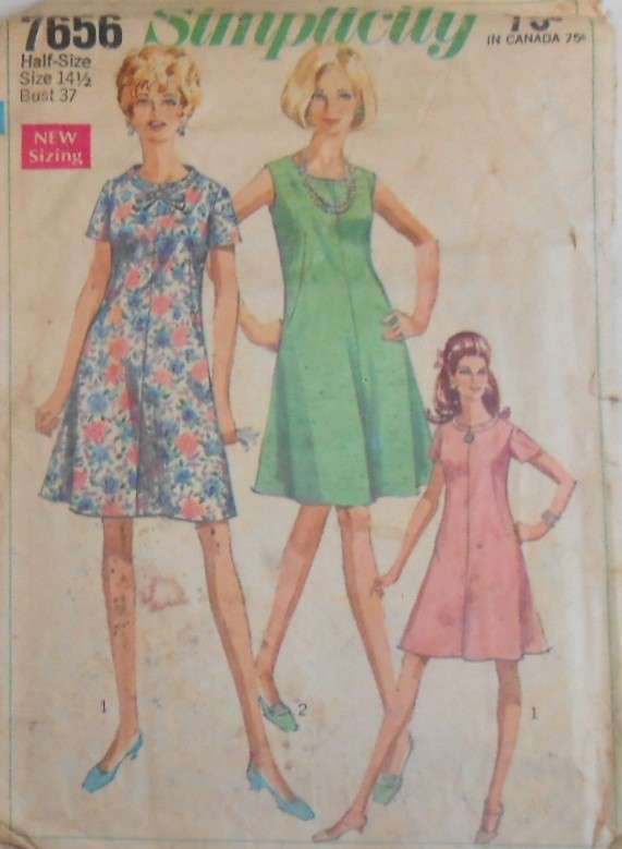 VINTAGE SIMPLICITY 7656 DRESS IN HALF SIZES SIZE 14 1/2 BUST 37 COMPLETE-ZIPLOC