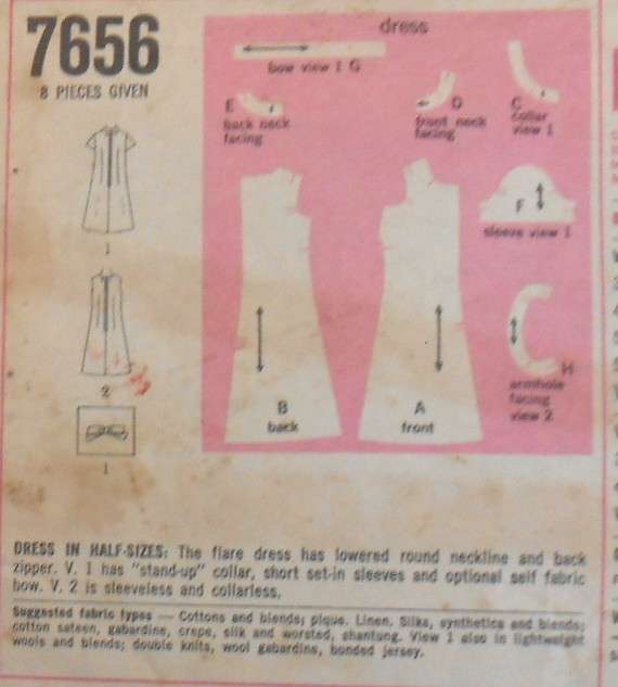 VINTAGE SIMPLICITY 7656 DRESS IN HALF SIZES SIZE 14 1/2 BUST 37 COMPLETE-ZIPLOC