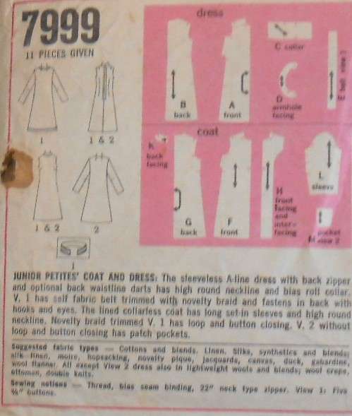 VINTAGE SIMPLICITY 7999 COAT & DRESS SIZE 13 JP BUST 35 COMPLETE-ZIPLOC
