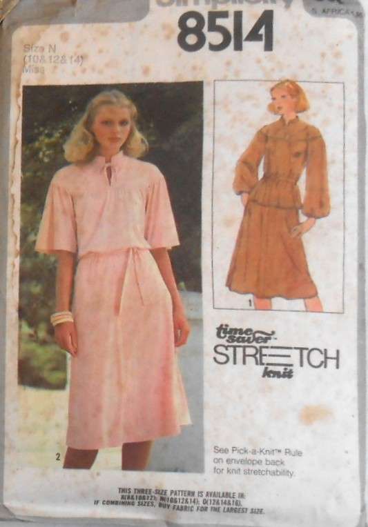 SIMPLICITY 8514 PULLOVER TWO PIECE DRESS & TIEBELT SIZE 10-12-14 COMPLETE