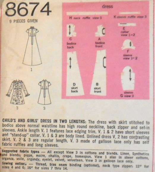 SIMPLICITY 8674 GIRLS DRESS IN 2 LENGTHS SIZE 6 YEARS BREAST 25 COMPLETE-ZIPLOC